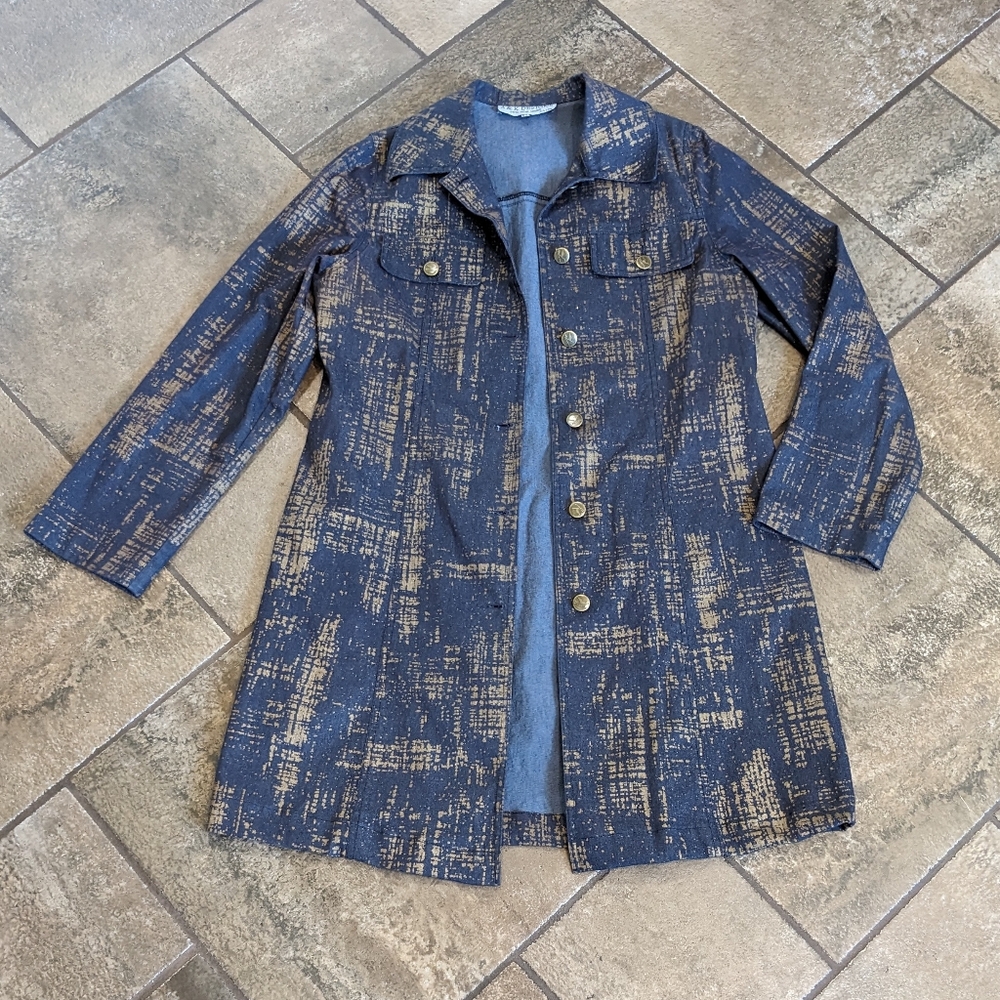 A & K Designs Dressy Denim Look Metallic Topper Chic Coat Size S Blue/Gold